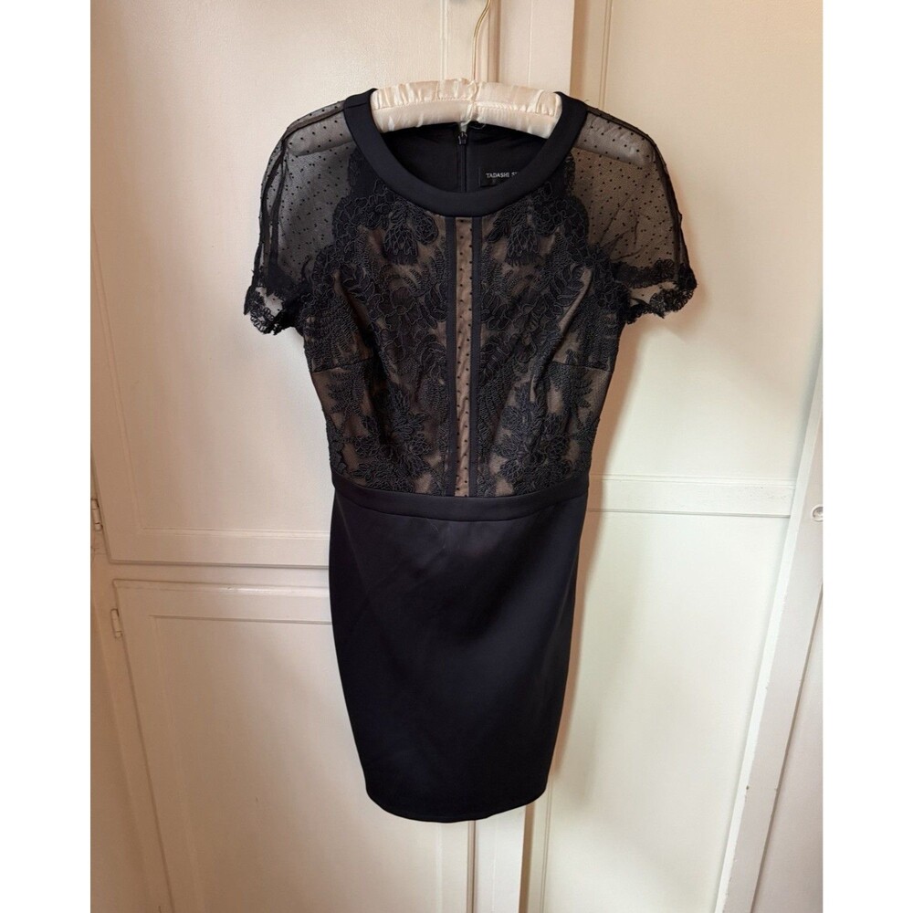 Tadashi Shoji Black Lace Illusion Mesh Sheath Cocktail Dress Size 8